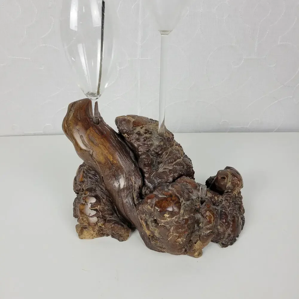 Vintage Oil Candle Lamp Burl Root Designs Glass Lantern Wood Base MCM Retro